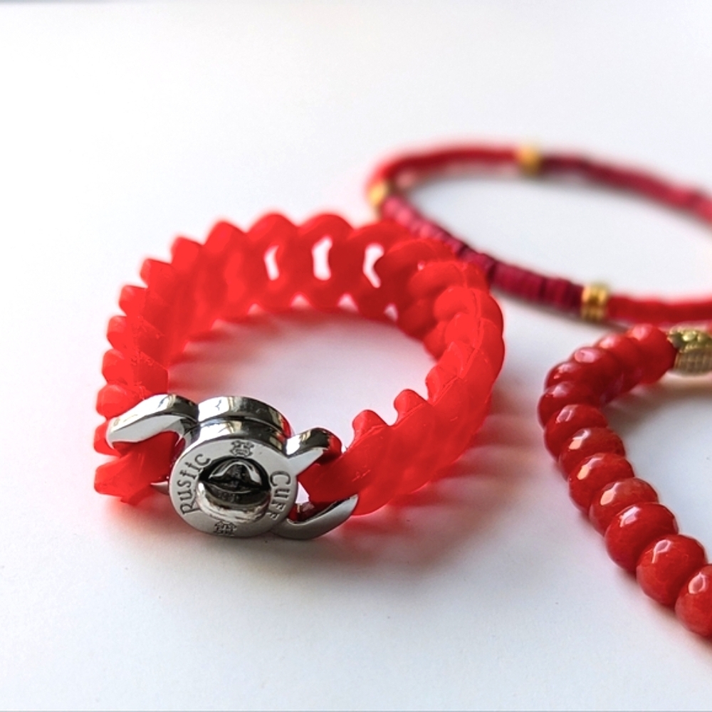 Rustic Cuff Set-3 Red Stacking Bracelets Silicone Links Polymer Clay Coral Beads - Picture 4 of 6